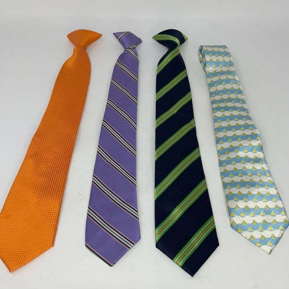 Lot of 4 Ties - 3 are clip on Orange, Purple/Pink, Blue/Green Sail Boat Blue
